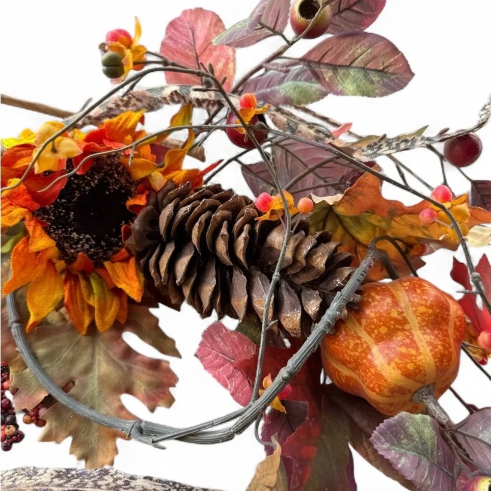 Two Autumn Harvest Pinecone Feather and Leaf Swags
